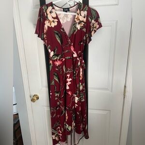 Medium maroon with flowered dress - mid length, shorter in the front